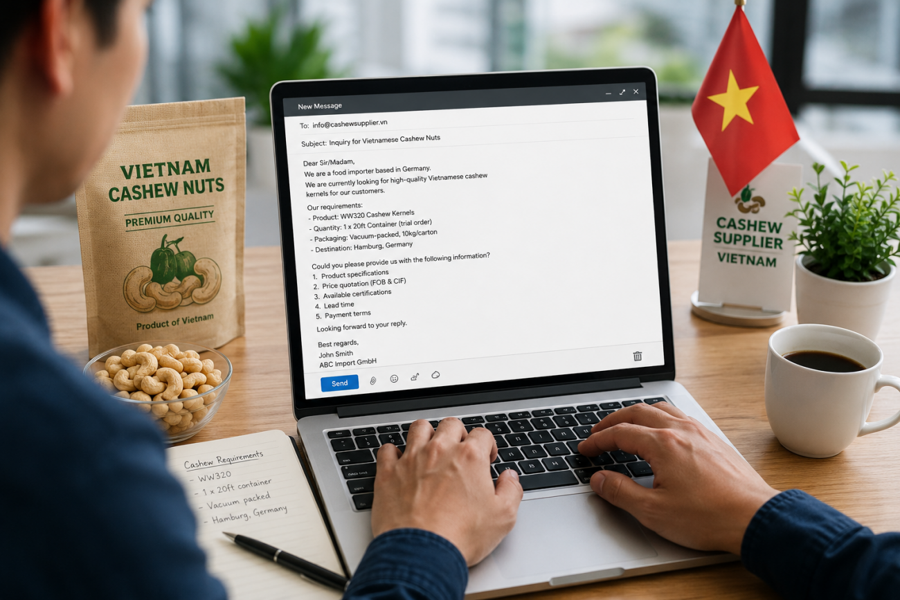 Importer sending professional inquiry email to Vietnamese cashew supplier