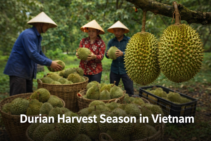 Vietnam durian harvest season – farmers collecting fresh durian in a durian orchard