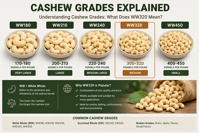WW320 cashew grade comparison showing WW180, WW210, WW240, WW320 and WW450 cashew kernel sizes