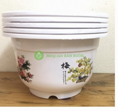5 Châu nhựa BỐN MÙA A250x170 hình Tròn, màu Trắng, có trang trí Hoa bốn mùa quanh thân chậu