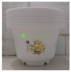 10 Châu nhựa BỐN MÙA A280x190 hình Tròn, màu Trắng, có trang trí Hoa bốn mùa quanh thân chậu