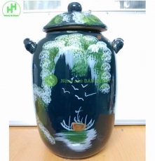 Bình, Chum, Vại ngâm rượu chạm khắc họa tiết đồng quê, chất liệu Gốm Sứ Bát Tràng, dung tích 10L - Màu xanh rêu