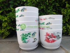 10 Chậu Nhựa Tròn Sứ 12x9.5cm Có Đĩa Lót – Họa Tiết Sang Trọng | Nhựa Đức Minh
